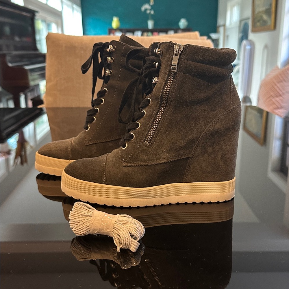 PAIGE Grey Suede Wedge High Top Sneakers, Size 9M